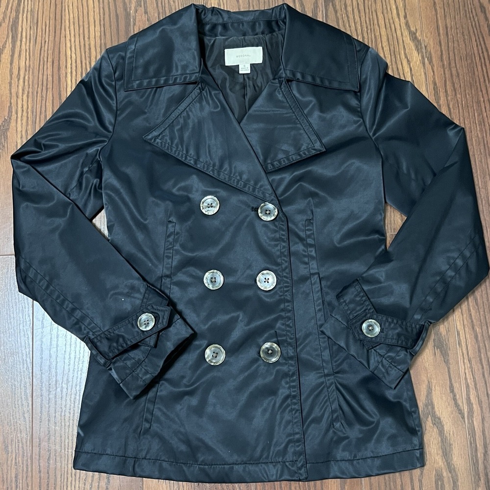 Merona Pea Coat Womens S Black Excellent Double Breasted Cotton Blend Jacket
